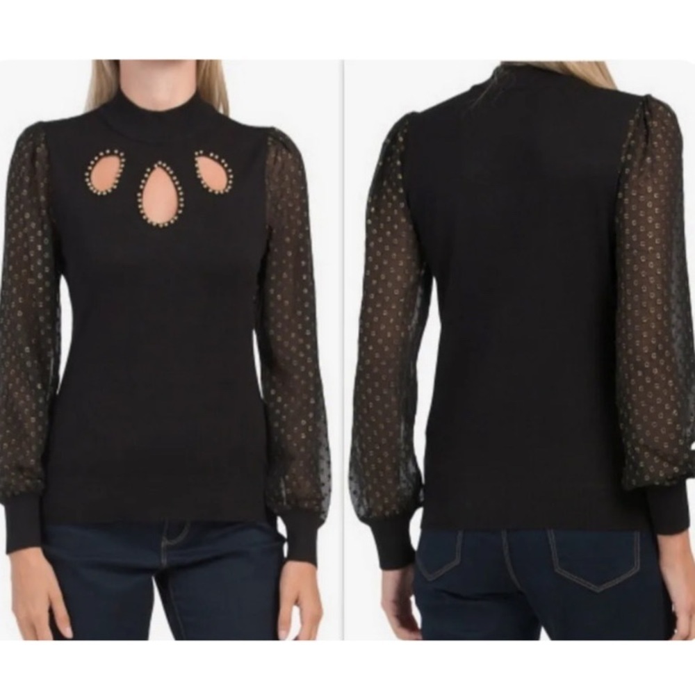 Chiffon Sleeve Embellished Keyhole Sweater